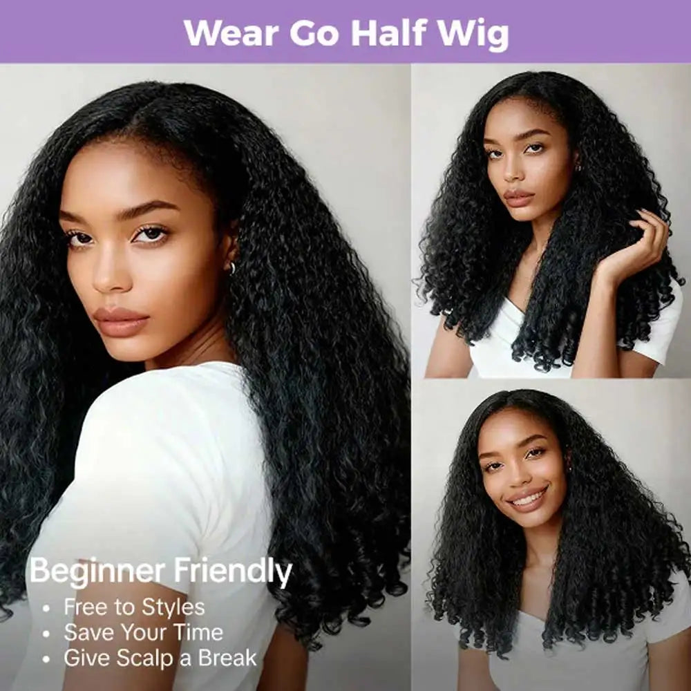 Kinky Straight Burmese Curly 3 IN 1 Half Wigs Yaki Straight  Human Hair Wig Glueless Wig Half Wig Drawstring Clip Half Wigs