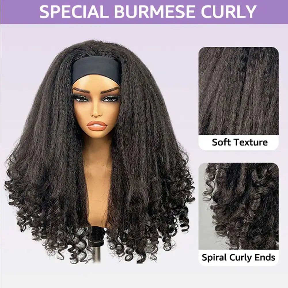 Kinky Straight Burmese Curly 3 IN 1 Half Wigs Yaki Straight  Human Hair Wig Glueless Wig Half Wig Drawstring Clip Half Wigs