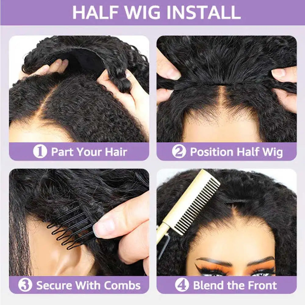 Kinky Straight Burmese Curly 3 IN 1 Half Wigs Yaki Straight  Human Hair Wig Glueless Wig Half Wig Drawstring Clip Half Wigs