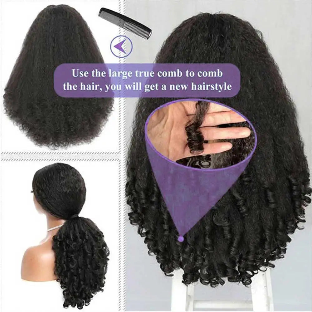 Kinky Straight Burmese Curly 3 IN 1 Half Wigs Yaki Straight  Human Hair Wig Glueless Wig Half Wig Drawstring Clip Half Wigs