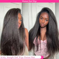 Yaki Straight Human Hair Wig Kinky Straight Upgrade 3 In 1 Half Wig Ready To Wear Wig With Drawstring Seamless Clip Glueless Wig