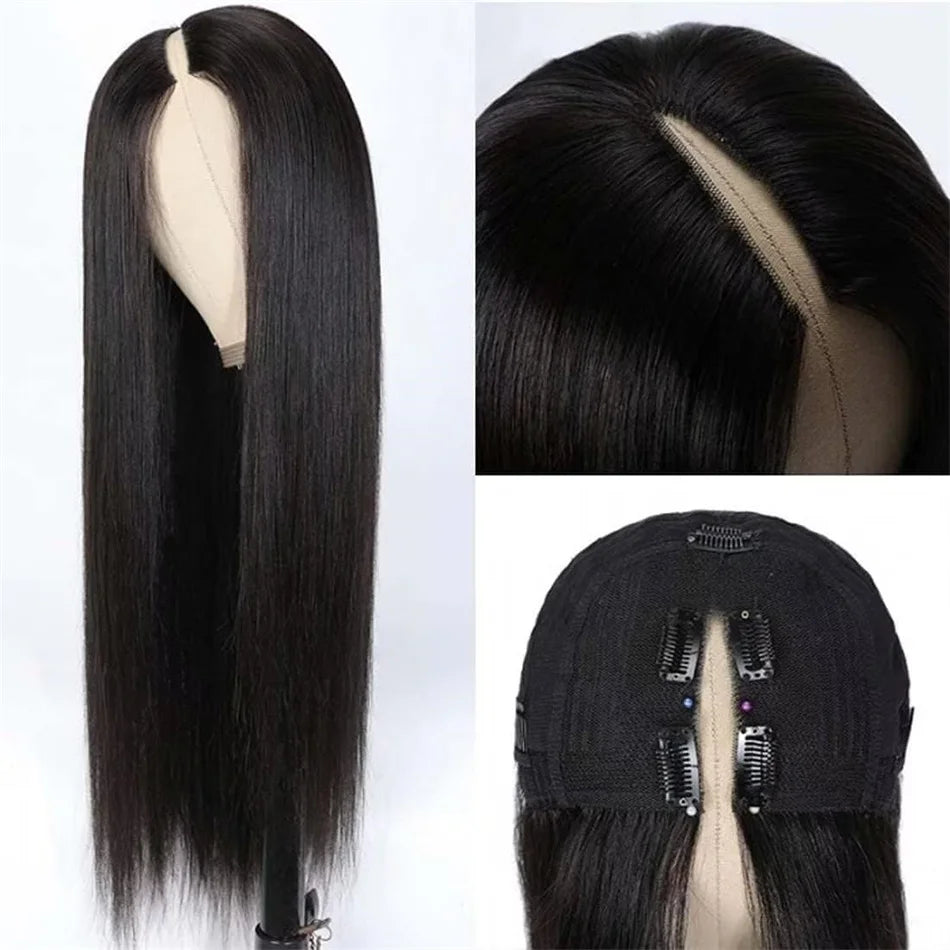 V Part Straight Human Hair Wigs For Women 18-32 Inches Peruvian Remy Hair Full Machine Made Wig V Part Human Hair Natural Color