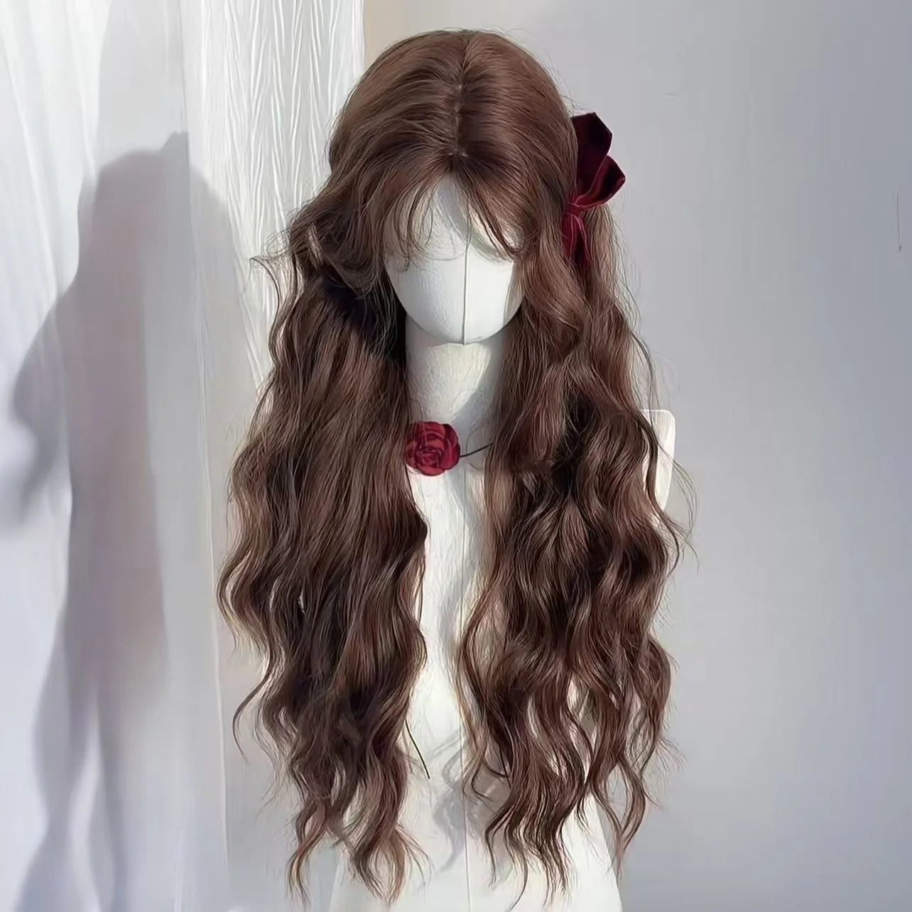 Female wig autumn chestnut brown wool roll lazy temperament long curly hair simulation full head cover