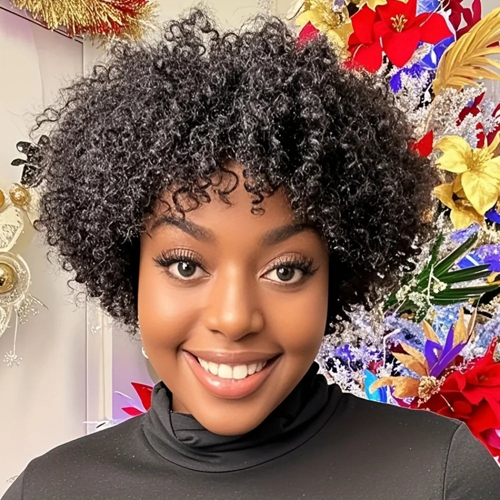 Human Hair Wig Natural Afro Kinky Curly Pixie Cut with Bangs Full Jerry Curly Hairpiece for women Full Machine-Made Wig