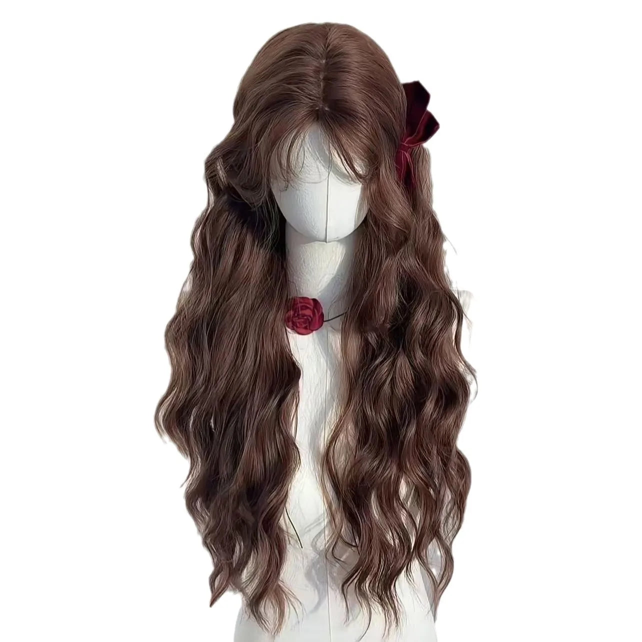 Female wig autumn chestnut brown wool roll lazy temperament long curly hair simulation full head cover