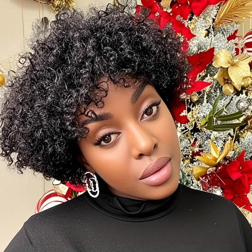 Human Hair Wig Natural Afro Kinky Curly Pixie Cut with Bangs Full Jerry Curly Hairpiece for women Full Machine-Made Wig