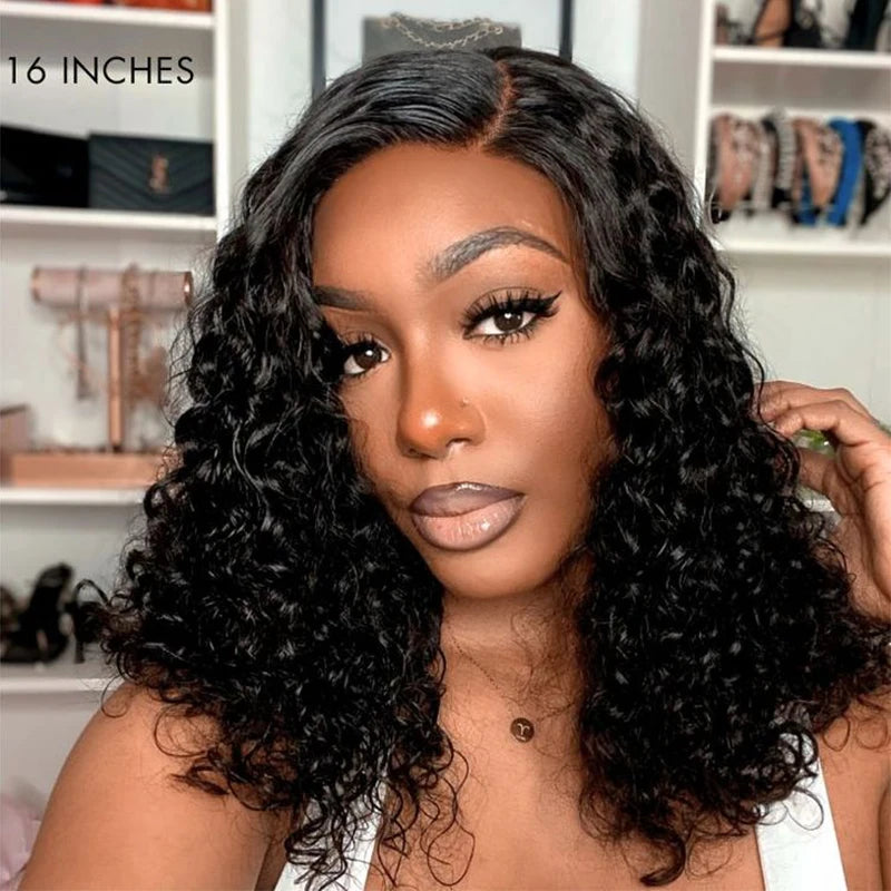 Side Part Curly Human Hair Bob Wig Water Wave Lace Front Wigs for Women Brazilian T-Part Transparent Lace Frontal Pre Plucked