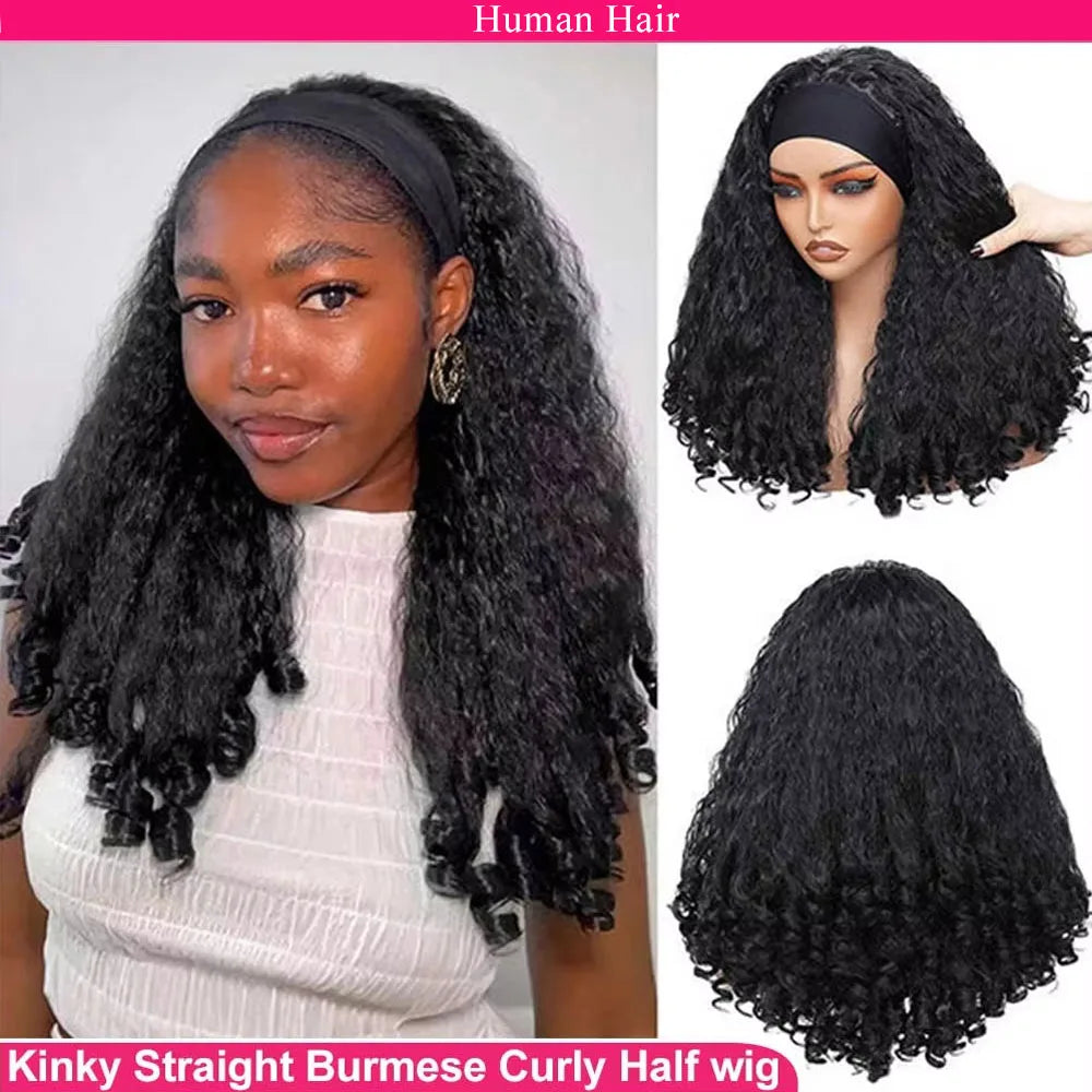 Kinky Straight Burmese Curly 3 IN 1 Half Wigs Yaki Straight  Human Hair Wig Glueless Wig Half Wig Drawstring Clip Half Wigs