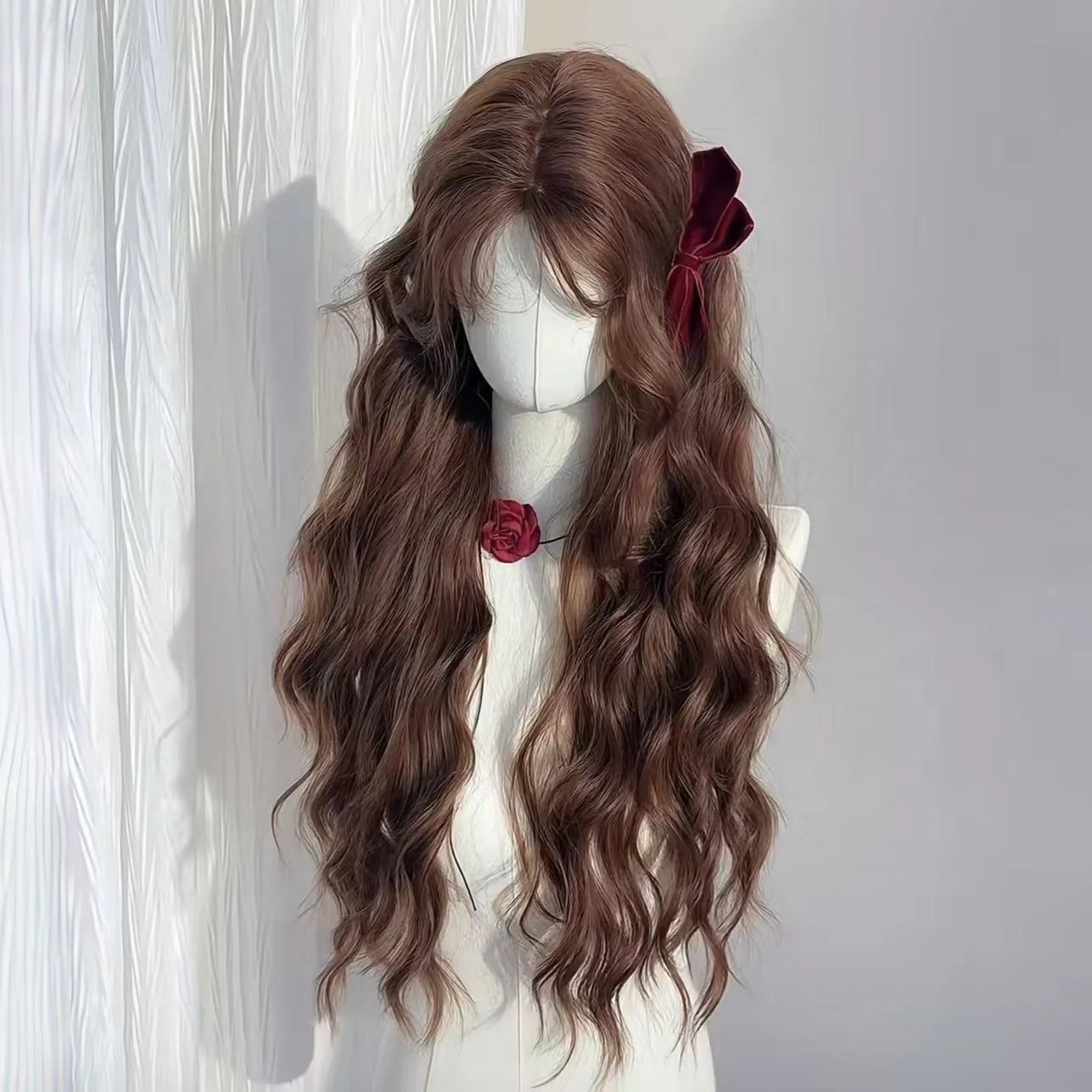 Female wig autumn chestnut brown wool roll lazy temperament long curly hair simulation full head cover