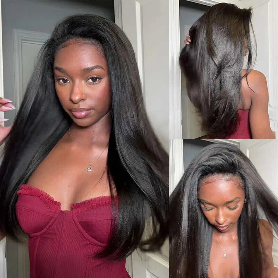 Yaki Straight Human Hair Wig Kinky Straight Upgrade 3 In 1 Half Wig Ready To Wear Wig With Drawstring Seamless Clip Glueless Wig