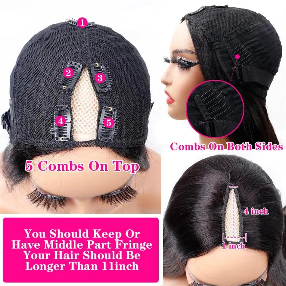 V Part Straight Human Hair Wigs For Women 18-32 Inches Peruvian Remy Hair Full Machine Made Wig V Part Human Hair Natural Color