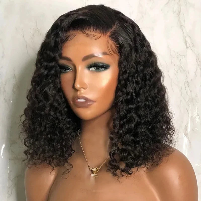Side Part Curly Human Hair Bob Wig Water Wave Lace Front Wigs for Women Brazilian T-Part Transparent Lace Frontal Pre Plucked