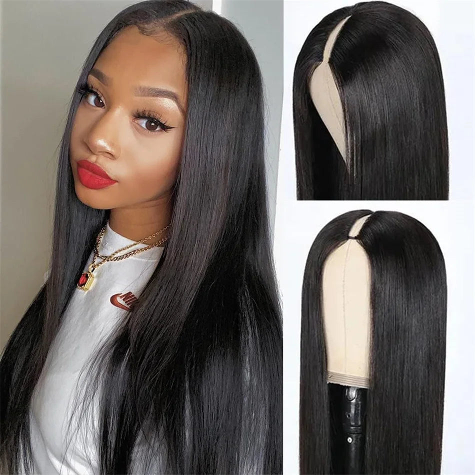 V Part Straight Human Hair Wigs For Women 18-32 Inches Peruvian Remy Hair Full Machine Made Wig V Part Human Hair Natural Color