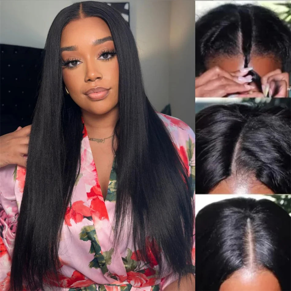 V Part Straight Human Hair Wigs For Women 18-32 Inches Peruvian Remy Hair Full Machine Made Wig V Part Human Hair Natural Color