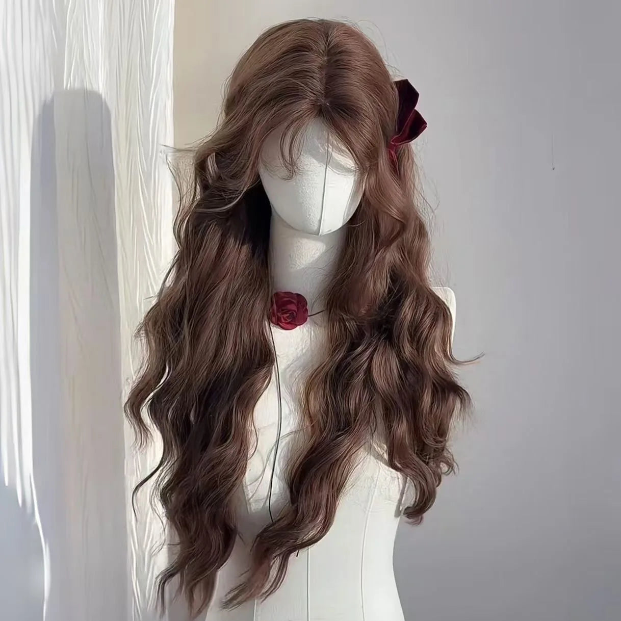 Female wig autumn chestnut brown wool roll lazy temperament long curly hair simulation full head cover