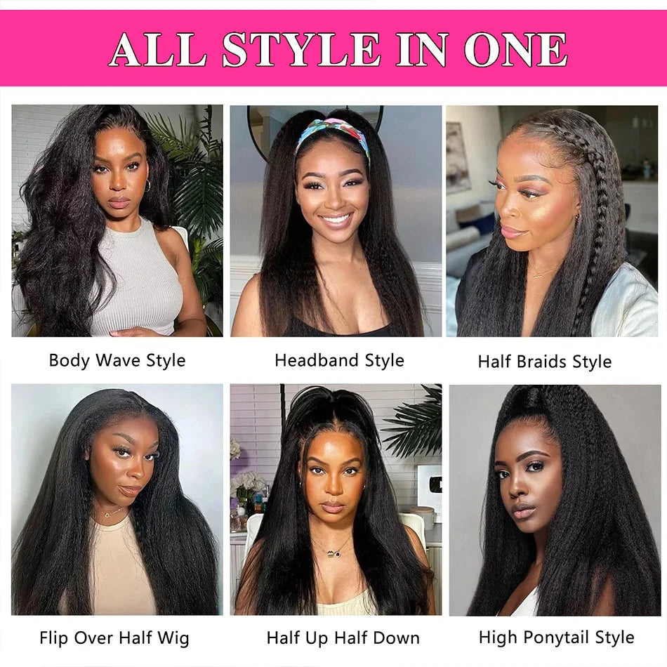 Yaki Straight Human Hair Wig Kinky Straight Upgrade 3 In 1 Half Wig Ready To Wear Wig With Drawstring Seamless Clip Glueless Wig