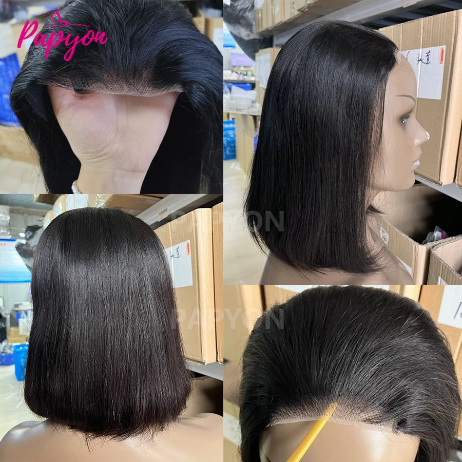 Short Straight Bob Human Hair Wigs, Full Machine Made, Pre-Cut 4x4 Lace, Elastic Drawstring, Upgraded Breathable Wigs
