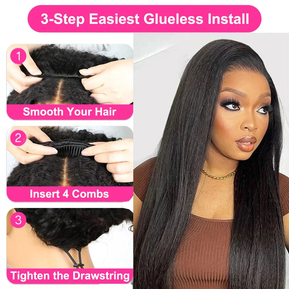 Yaki Straight Human Hair Wig Kinky Straight Upgrade 3 In 1 Half Wig Ready To Wear Wig With Drawstring Seamless Clip Glueless Wig