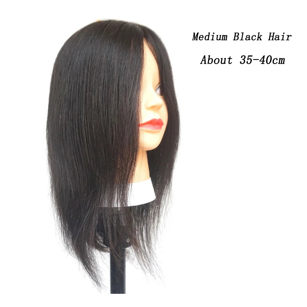 Human Hair Mannequin Head Natural Black Color Practice Training Model For Hairdresser Professional Can Be Ironed and Dyed