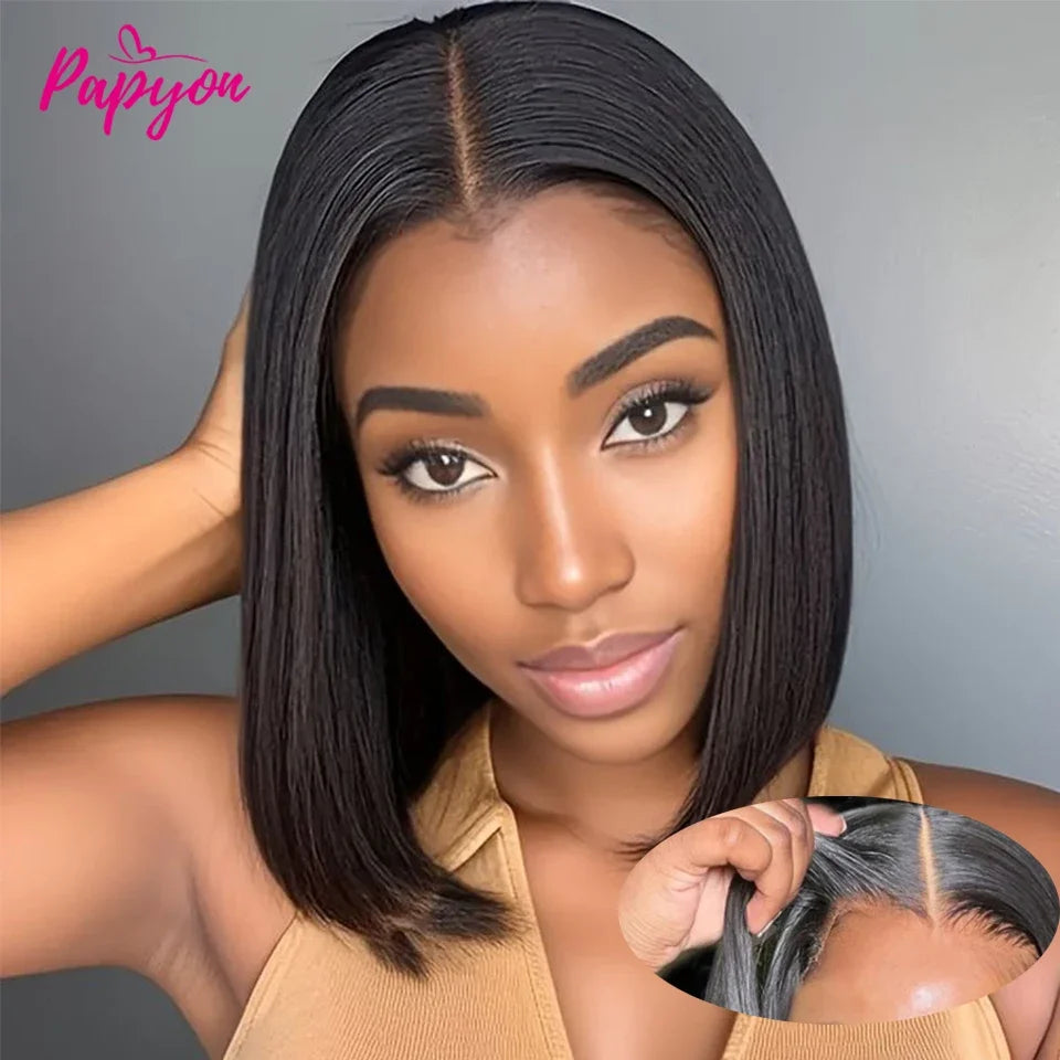 Short Straight Bob Human Hair Wigs, Full Machine Made, Pre-Cut 4x4 Lace, Elastic Drawstring, Upgraded Breathable Wigs