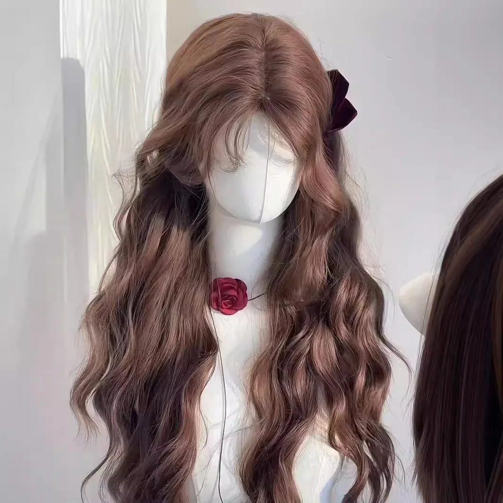 Female wig autumn chestnut brown wool roll lazy temperament long curly hair simulation full head cover
