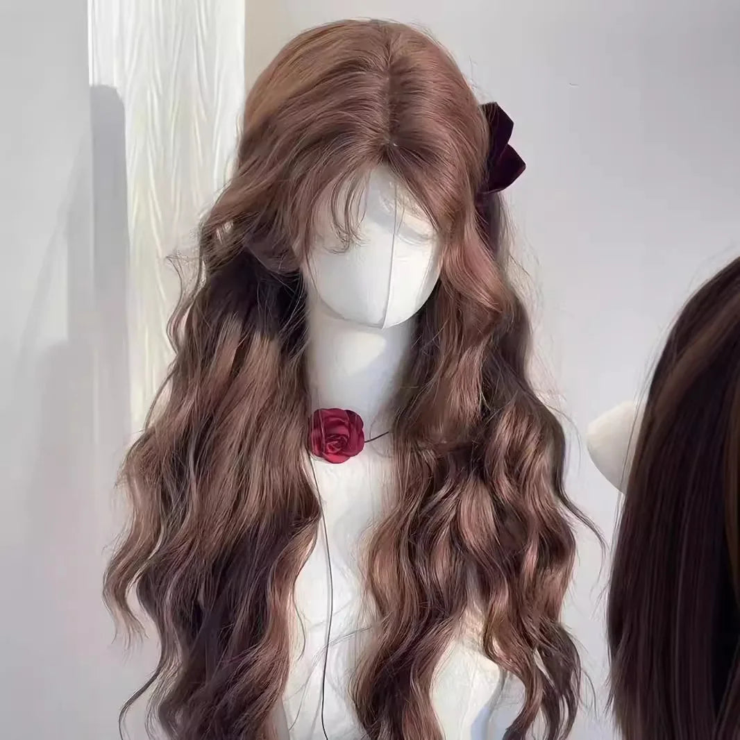 Female wig autumn chestnut brown wool roll lazy temperament long curly hair simulation full head cover