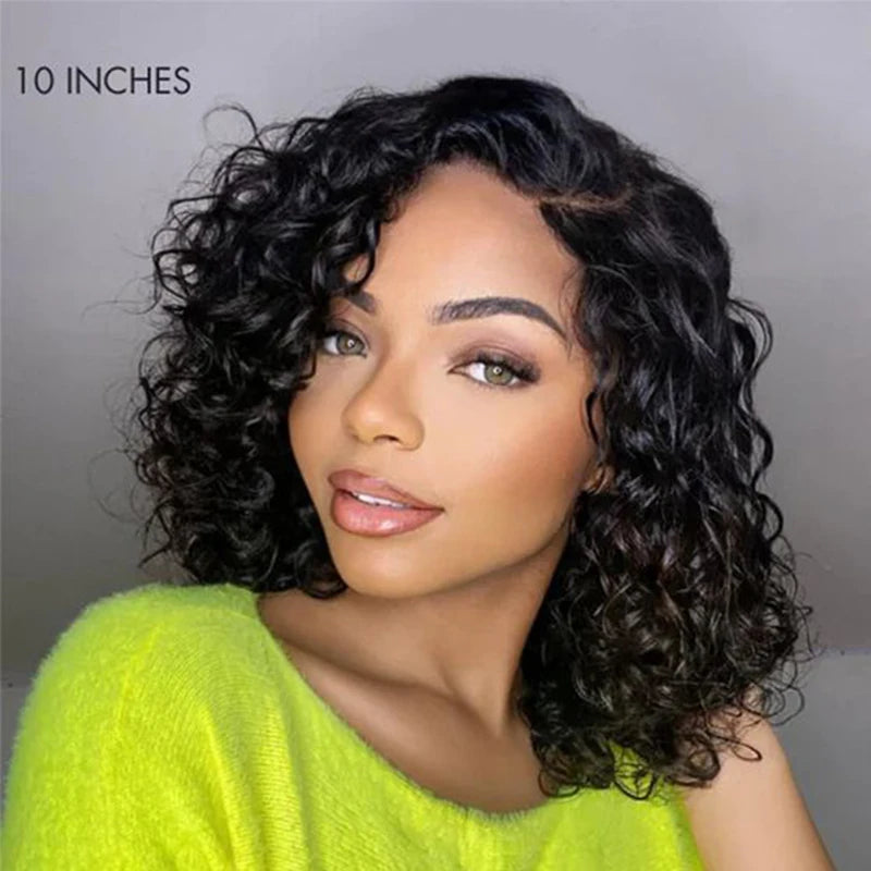 Side Part Curly Human Hair Bob Wig Water Wave Lace Front Wigs for Women Brazilian T-Part Transparent Lace Frontal Pre Plucked
