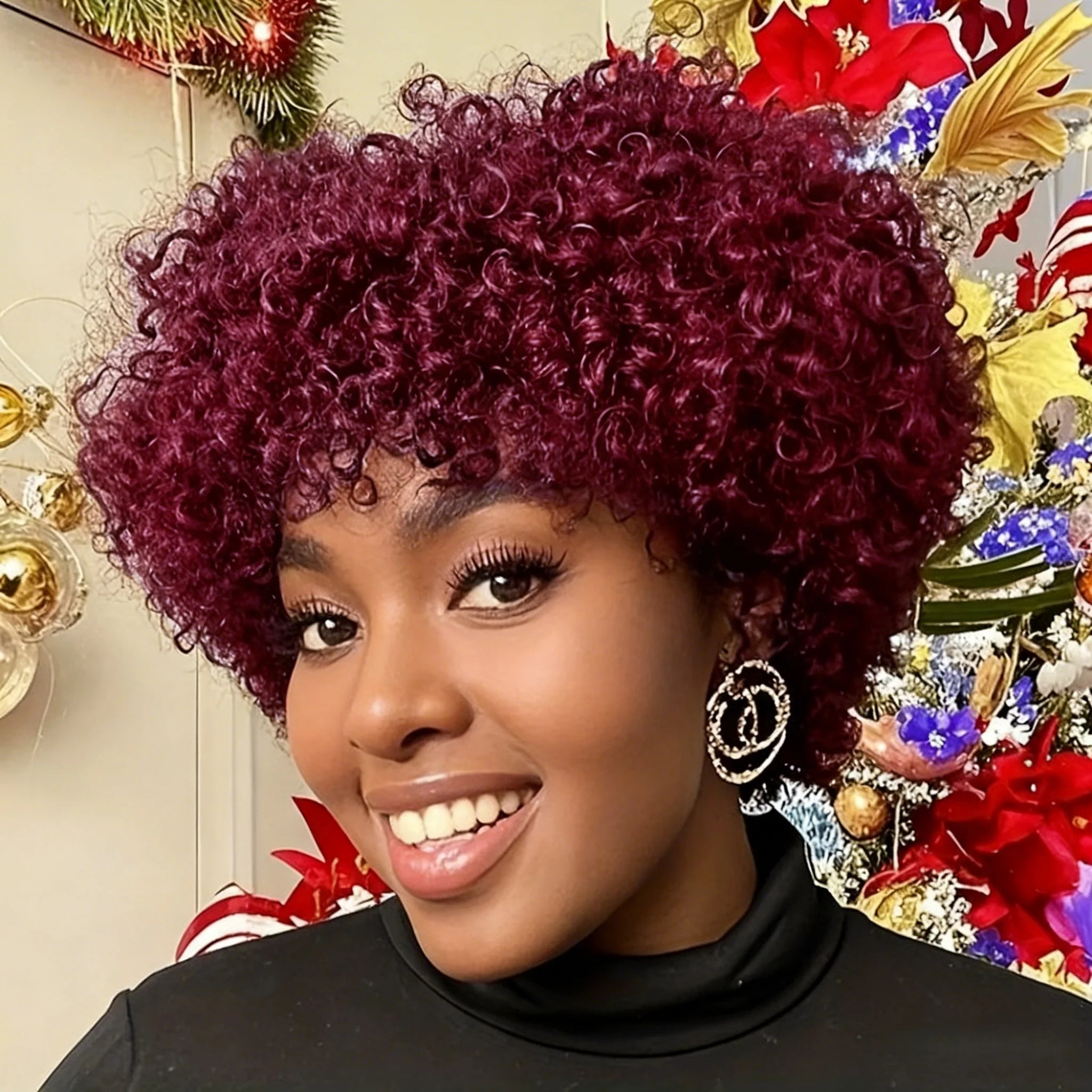 Human Hair Wig Natural Afro Kinky Curly Pixie Cut with Bangs Full Jerry Curly Hairpiece for women Full Machine-Made Wig