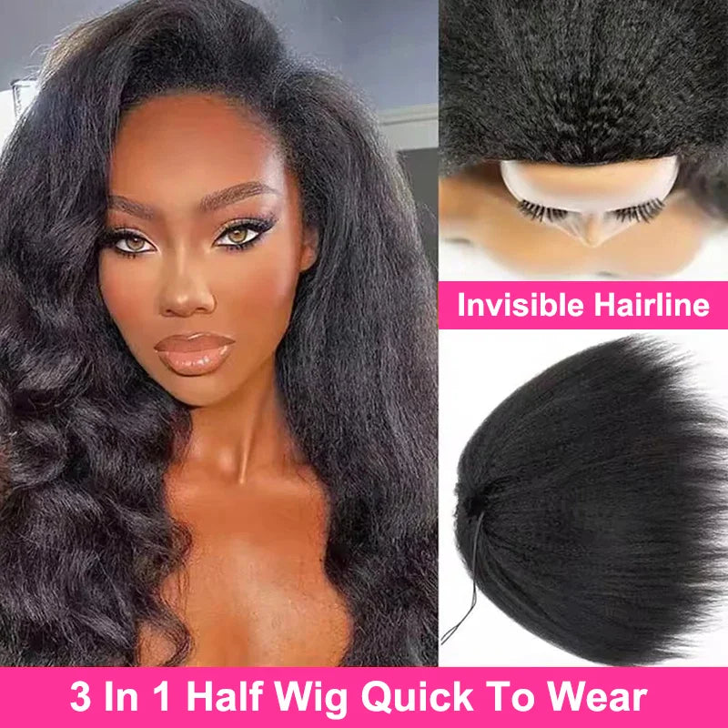 Yaki Straight Human Hair Wig Kinky Straight Upgrade 3 In 1 Half Wig Ready To Wear Wig With Drawstring Seamless Clip Glueless Wig
