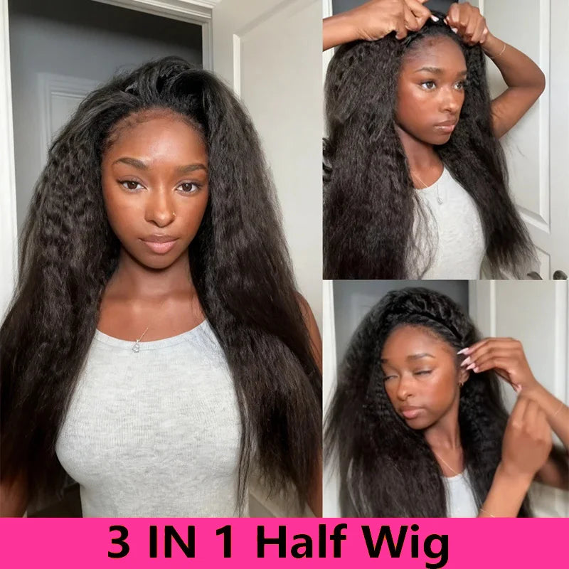 Yaki Straight Human Hair Wig Kinky Straight Upgrade 3 In 1 Half Wig Ready To Wear Wig With Drawstring Seamless Clip Glueless Wig