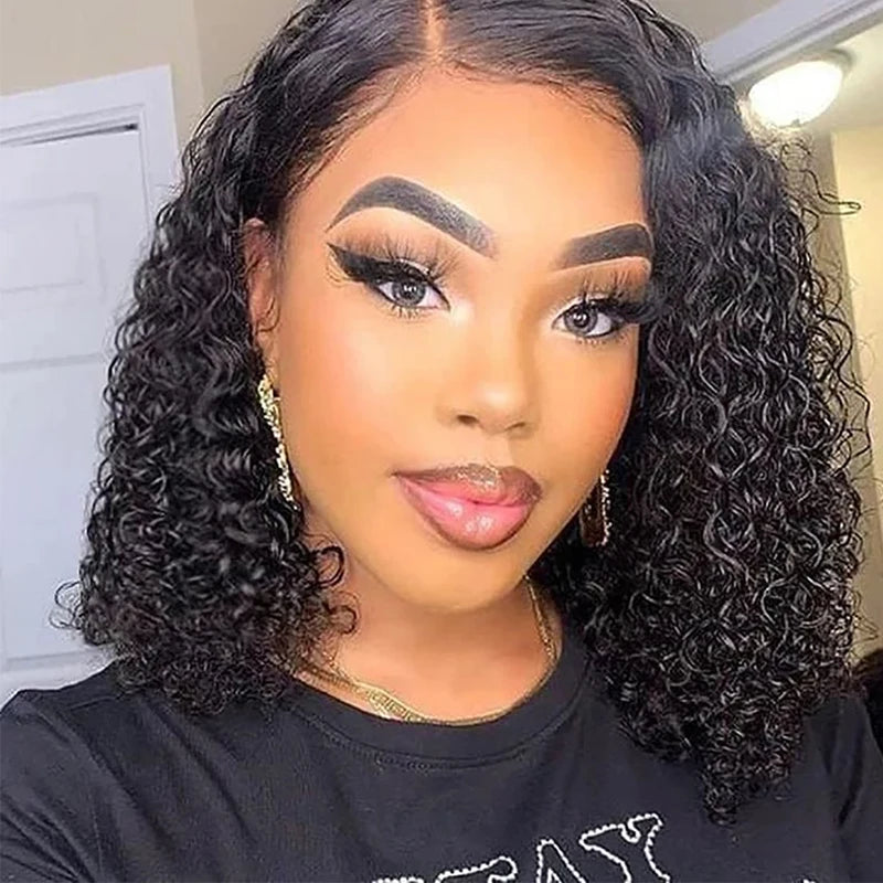Side Part Curly Human Hair Bob Wig Water Wave Lace Front Wigs for Women Brazilian T-Part Transparent Lace Frontal Pre Plucked