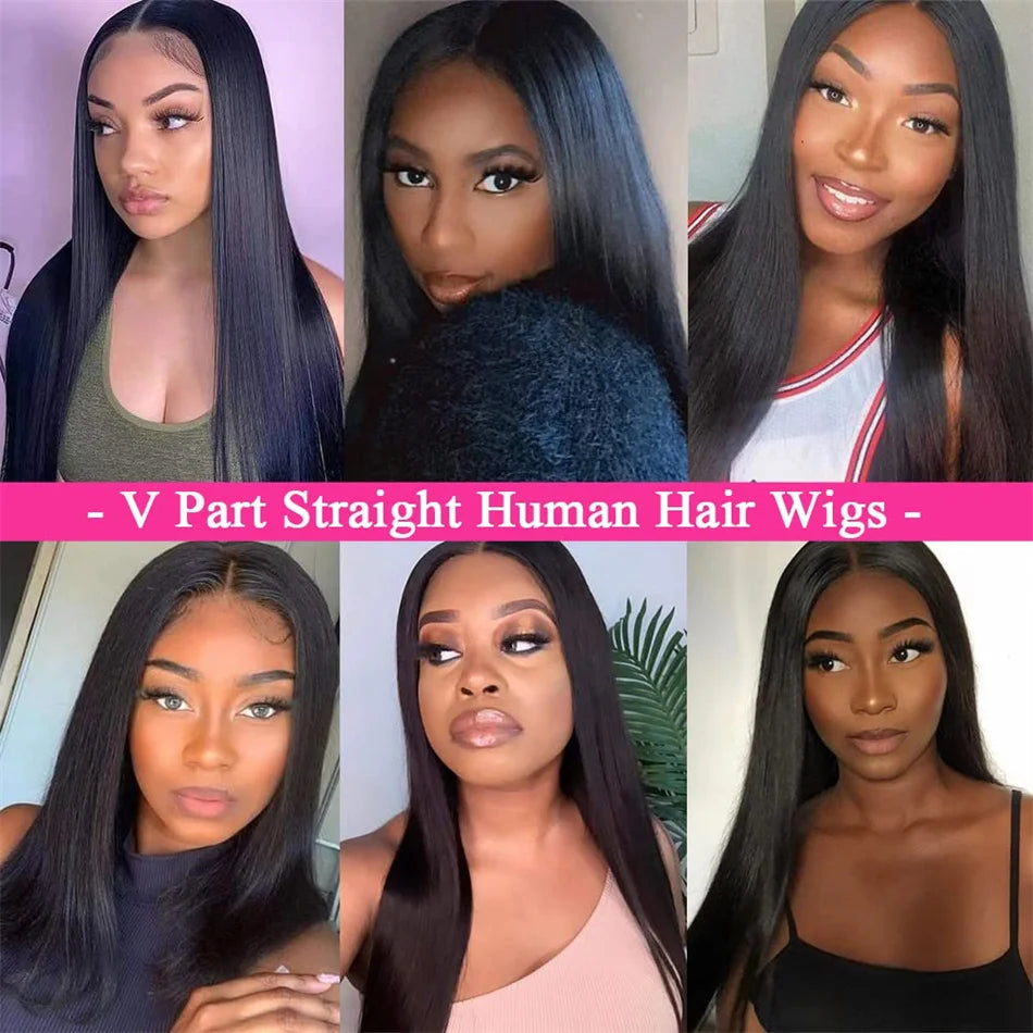V Part Straight Human Hair Wigs For Women 18-32 Inches Peruvian Remy Hair Full Machine Made Wig V Part Human Hair Natural Color