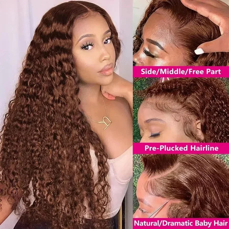 Chocolate Brown HD Lace Front Wigs Human Hair 200% Density Curly Lace Front Wigs Human Hair Deep Wave Wigs Human Hair For Women